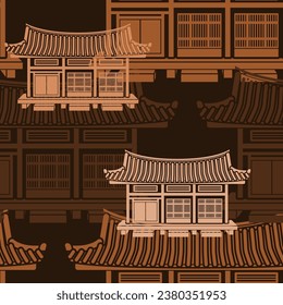 Editable Front View Wide Traditional Hanok Korean House Building Vector Illustration as Seamless Pattern With Dark Background for Decorative Element of Oriental History and Culture Related Design