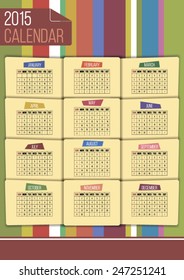 Editable funny 2015 calendar on color striped background.