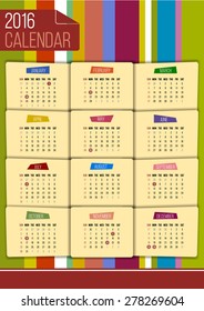 Editable funny 2016 calendar with USA federal holidays on color striped background 
