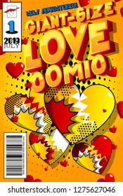 Editable Giant-Size Love Comic Book cover with hearts and other effects.