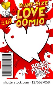 Editable Giant-Size Love Comic Book cover with hearts and other effects.