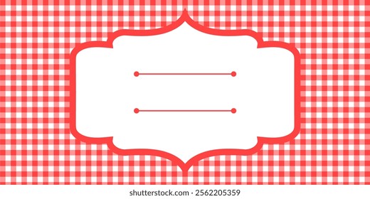 editable gingham pattern or tile checkered with empty window badge for Picnic BBQ Party invitation, poster and banner or flyer, restaurant menu vector