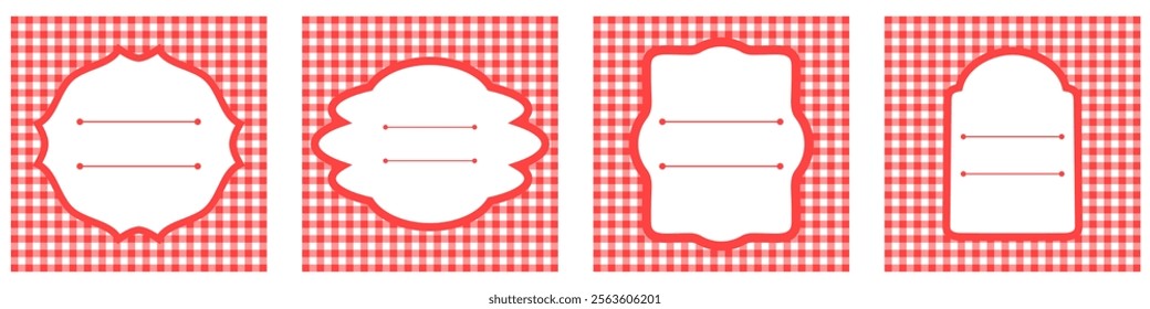 editable gingham pattern or tile checkered with empty window badge for Picnic BBQ Party invitation, poster and banner or flyer, restaurant menu vector