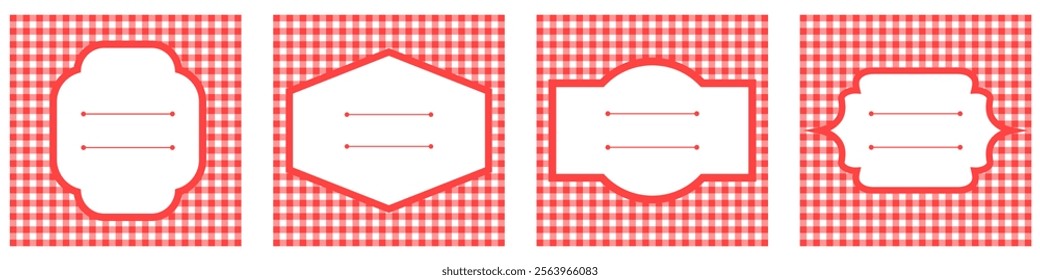 editable gingham pattern or tile checkered with empty window badge for Picnic BBQ Party invitation, poster and banner or flyer, restaurant menu vector