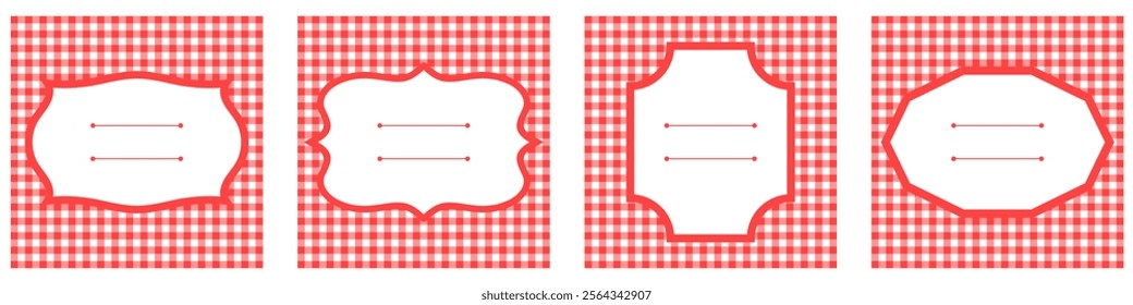 editable gingham pattern or tile checkered with empty window badge for Picnic BBQ Party invitation, poster and banner or flyer, restaurant menu vector
