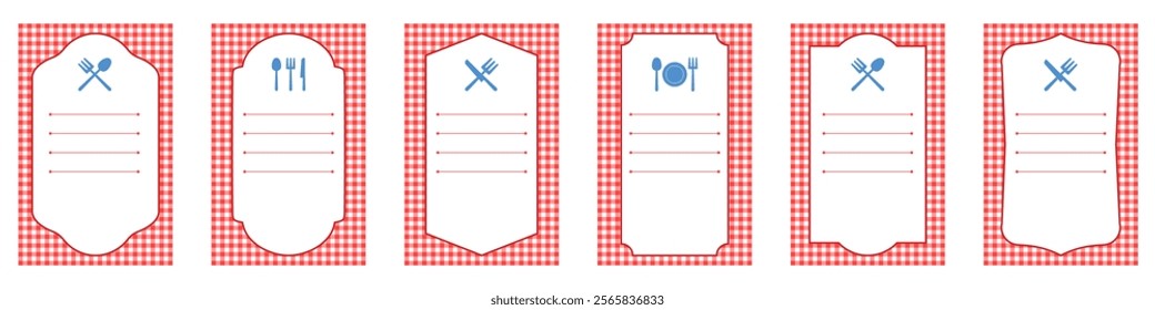 editable gingham pattern or tile checkered with empty window badge and cutlery utensil for Picnic BBQ Party invitation, poster and banner or flyer, restaurant menu vector