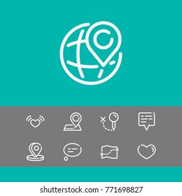 Editable globe location icons set with location mark map elements. Set of locate, love, heart icons and chatting concept editable location on globe icon vector elements for logo mobile app UI design