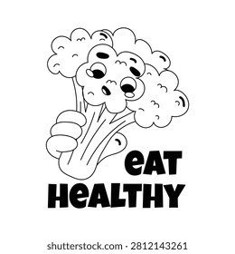 An editable glyph sticker of cute broccoli character promoting organic diet