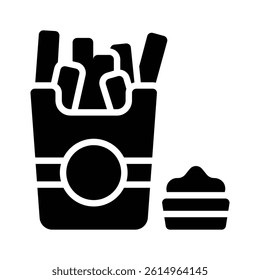 An editable glyph style icon of french fries with dip sauce
