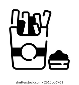 An editable glyph style icon of french fries with dip sauce