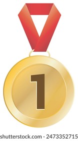 Editable Gold Medal Vector - 1st Place medal award templates for sports competitions, school certificates, or corporate recognition - with red ribbon