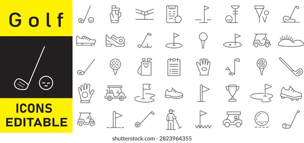 Editable golf line icon set featuring golf club driver, ball on tee, cart buggy, scorecard clipboard, shoes, glove, and pin flag.