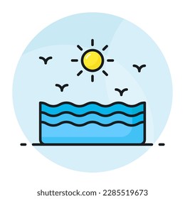 An editable graphic design of sea in trendy style, sunshine vector