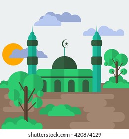 Editable Green Mosque in Fertile Environment Vector Illustration| Come in flat style, suitable for Islamic moments like Ramadan and Eid.
