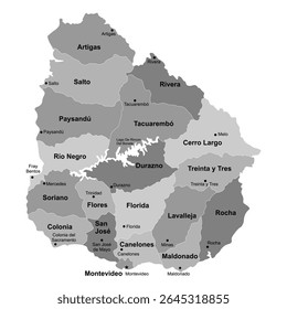 Mapa de vetor cinza editável do Uruguai com bordas regionais detalhadas isoladas no plano de fundo branco Ilustração EPS para design e uso educacional