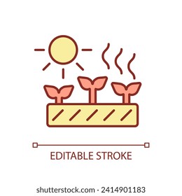 Editable growing resistant crops icon representing heatflation concept, isolated vector, linear illustration of solutions to global warming.