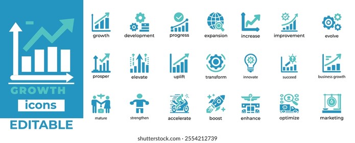 Editable growth vector icons showcasing development, progress, innovation, business growth, transformation, and optimization