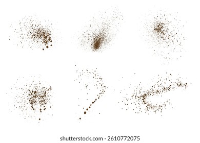 Editable grungy splash isolated set of chocolate powder, flying coffee dust particles vector background bundle
