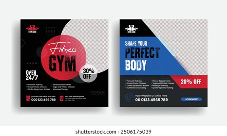 Editable Gym and fitness social media post banner set, sports training promotional advertising , square flyer or poster and web banner design