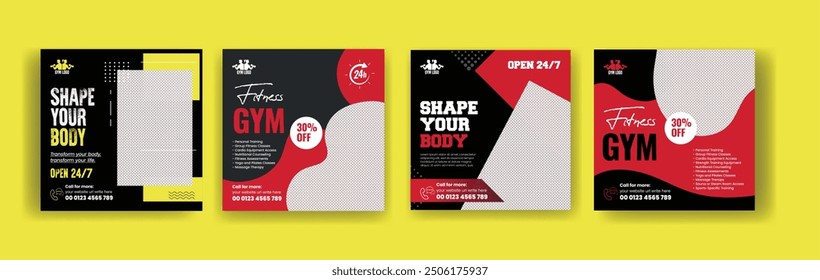 Editable Gym and Fitness social media post banner set, Sport and personal trainer ads, post bundle and 
Promotional advertising Template collections with black and red background