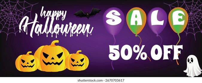 Editable Halloween Banner Template Featuring Pumpkin, Illustration, 3D Balloon Text, Background for Website Advertisement, Social Media Cover, Horizontal Web Banner, Event Marketing Ads Design