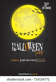 Editable Halloween Party with Bright Yellow Moon and Bats Poster. color flyer. Trick or Treat Banner 
