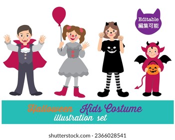 Editable halloween party elements set of boys and girls in lovely clown, cat, vampire, devil costume vector illustration. cute and fun material for design