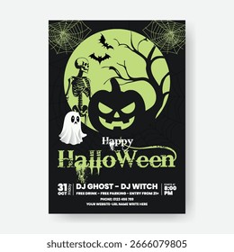 Editable Halloween Party Poster Template Featuring Spooky Moon, Bat, Pumpkin, Skeleton, Tree Illustration on Dark Background, Ideal for Event Flyer, Leaflet, and Celebration Invite