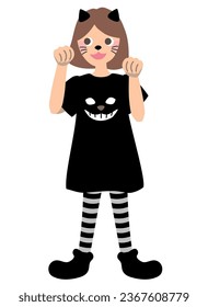 Editable halloween party vector illustration element of a girl in black cat costume with cat face paint. Cute and fun background material for design