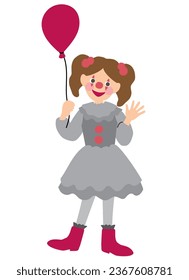 Editable halloween party vector illustration element of a girl in clown costume with face paint and a red balloon. Cute, spooky and fun background material for design