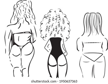 Editable hand drawn illustration back view of three women in different shapes and sizes in swimming suits. Black and white artwork vector of women body type diversity. Body positivity concept