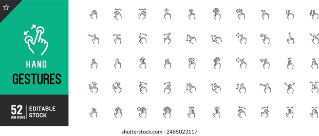 Editable Hand gesture line icon set. fingers interaction, Biometric, forefinger point, greeting, pinch Vector illustration.	
