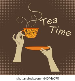 Editable Hand Holding A Floral Patterned Cup of Tea Vector Illustration with Halftone Effect on The Corners as Additonal Element for Tea Shop Related Design