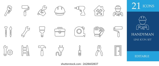 Editable handyman line icon set including tools, drill, helmet, brush, gloves, and more. Perfect for repair, construction, maintenance, and industrial design projects.