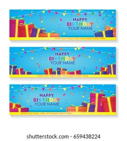 Editable happy birthday banner with gift boxes and confetti decoration set. blue background banner.