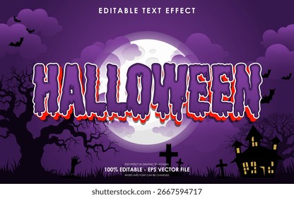 Editable happy halloween text effect with purple halloween theme background, gravestones, full moon