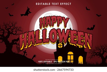 Editable happy halloween text effect with red halloween theme background, gravestones, full moon