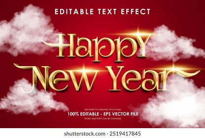 Editable Happy New Year Gold Text Effect, with lens flare effect and cloud