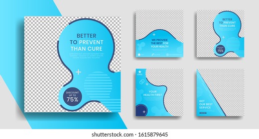 Editable Healthcare Social Media Post Template With Cover Blue,instagram Story Collection And Post Frame. Collage. Giveaway. Layout. Mockup. Cover. Banner. Social Networking Background. Square Puzzle