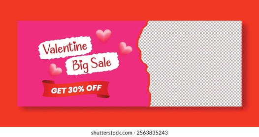 editable Horizontal banner ad template for valentines day sale discount offer web banner and Valentine's Day illustration background design