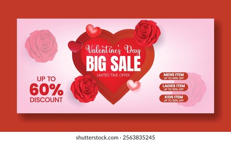 editable Horizontal banner ad template for valentines day sale discount offer web banner and Valentine's Day illustration background design