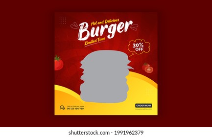 Editable hot delicious burger social media post design template, Food web banner design, restaurant food menu, Junk Food, vector