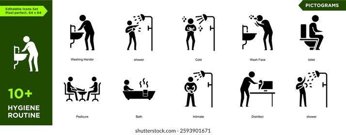 Editable Hygiene Routine pictogram icons set arranged separately on flat vector illustration with transparent background. Perfect pixel size. 64x64