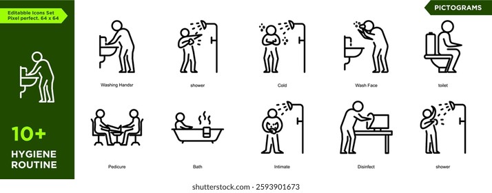 Editable Hygiene Routine pictogram icons set arranged separately on flat vector illustration with transparent background. Perfect pixel size. 64x64