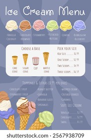 Editable Ice Cream Menu template with pricing section. Vector illustration.