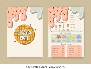 Editable Ice Cream Menu template with pricing section. Vector illustration.