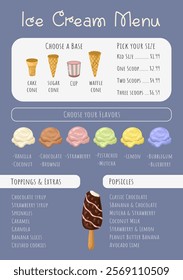 Editable Ice Cream Menu template with pricing section. Vector illustration.