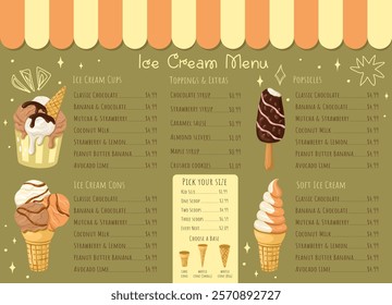 Editable Ice Cream Menu template with pricing section. Vector illustration.