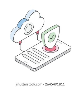 An editable icon of cloud security designed in isometric style