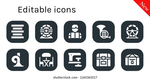  editable icon set. 10 filled editable icons. Simple modern icons about  - Center alignment, Hamster wheel, Reading, French horn, Terrace, Clamp, Chest